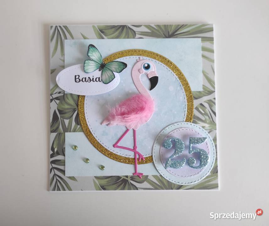 Kartka urodzinowa ręcznie robiona z flamingiem Łódź sprzedam