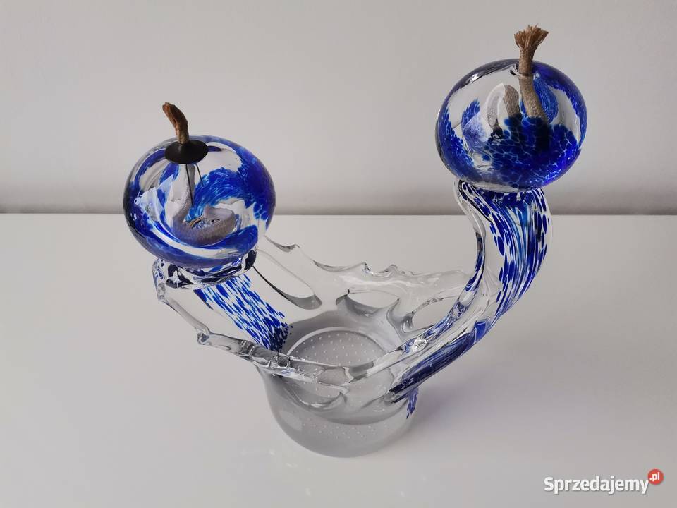 Stary duży szklany kolorowy świecznik lampka Porcelana i szkło śląskie