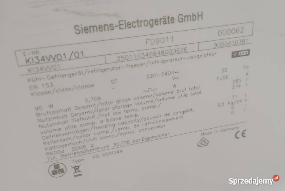 Lodówka z zamrażalką Siemens KI34VV0101 Częstochowa sprzedam