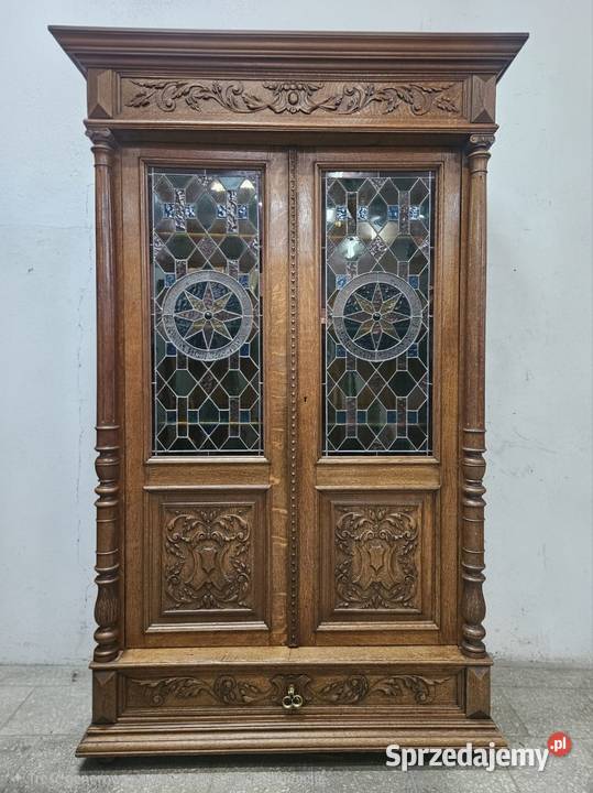 Stara dębowa biblioteczka eklektyczna z witrażem małopolskie