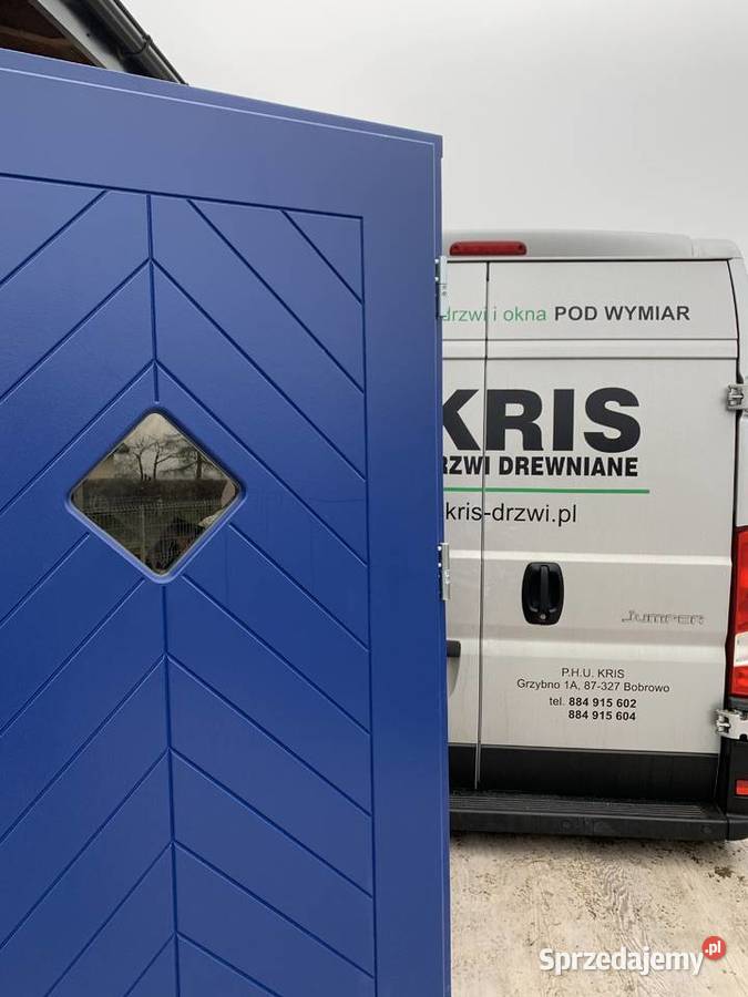 DRZWI ZEWNĘTRZNE GR 75MM DREWNIANE dąb ral 5010 Drewno Drzwi i okna Grzybno