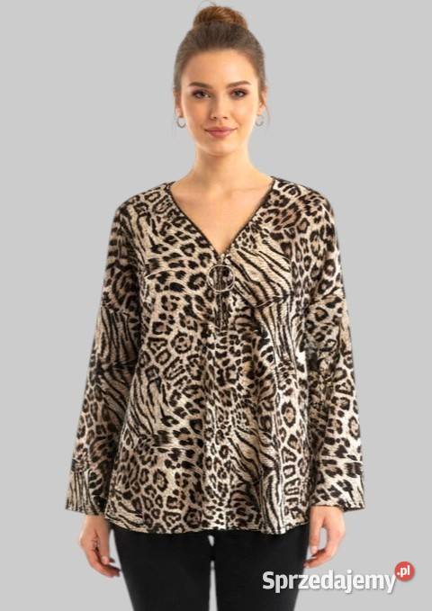 Damska bluzka beżowoczarny w panterkę z długim Chrzanów