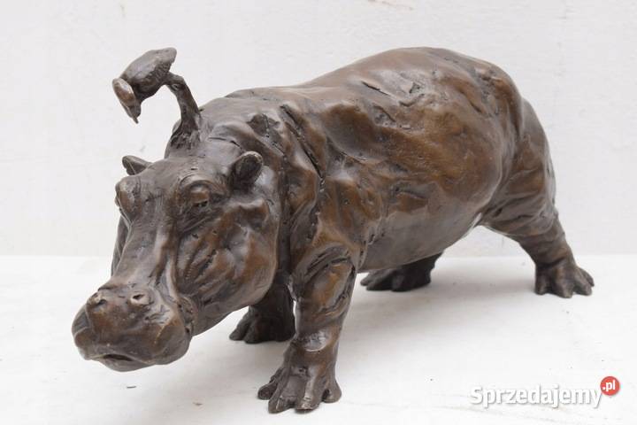 HIPOPOTAM Z PTASZKIEM duża figura z brązu