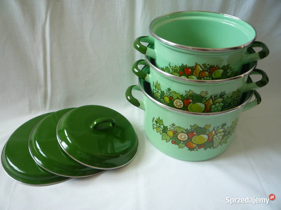 Komplet 3 garnki emaliowane z pokrywkami PRL
