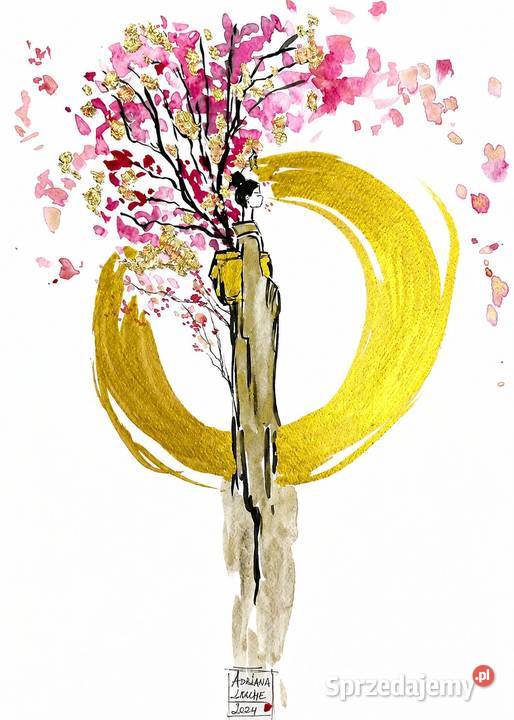 Sakura akwarela z dodatkiem tuszu złotych śląskie sprzedam