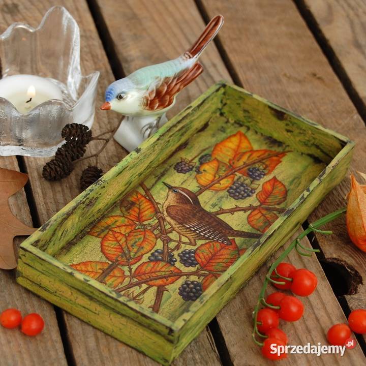 Drewniana tacka malowana ptak strzyżyk jeżyny lubelskie Lublin sprzedam