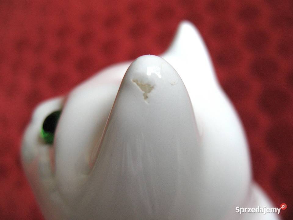 Kot biały duży z zielonymi oczami Porcelana 18 x biały Figurki i rzeźby