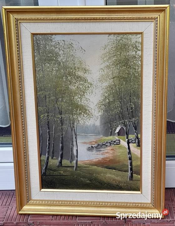 1895 AFH Pejzaż z brzozami złota rama cenny Iłża