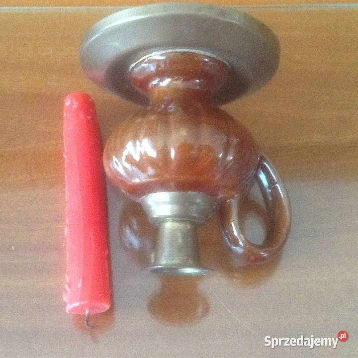 Stary kaganekświecznik ceramiczny z metalowymi Opole