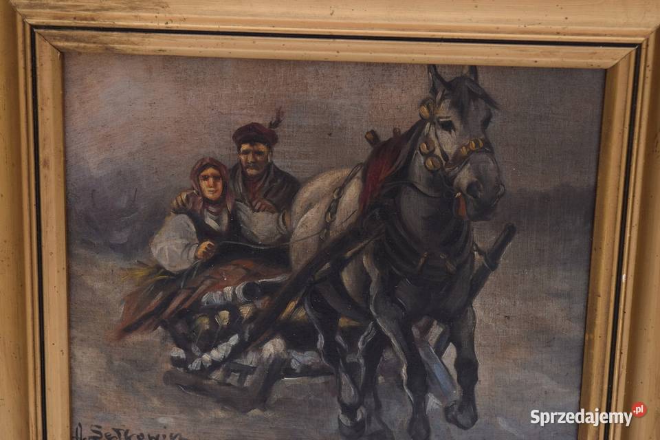 A SETKOWICZ ZIMA KOŃ SANIE POLSKI STARY OBRAZ Obrazki i obrazy