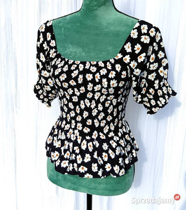 Bluzka hiszpanka top S 36 czarna kwiaty białe BY sprzedam