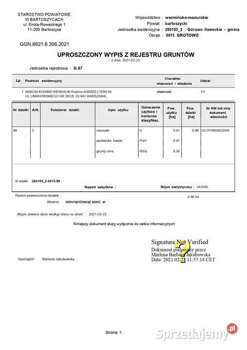 ziemia rolna 36ha Grotowo gm Górowo Iławeckie 4zł/m2 sprzedam