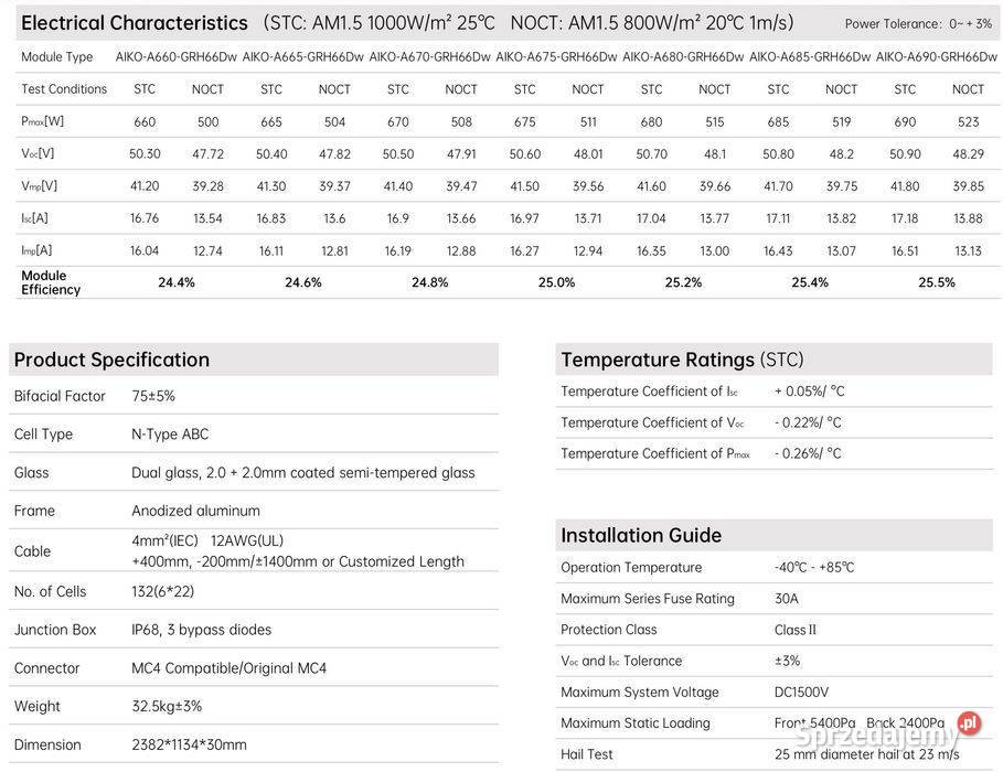 Top jakość Panel PV AIKO 660W NType ABC Bifacial