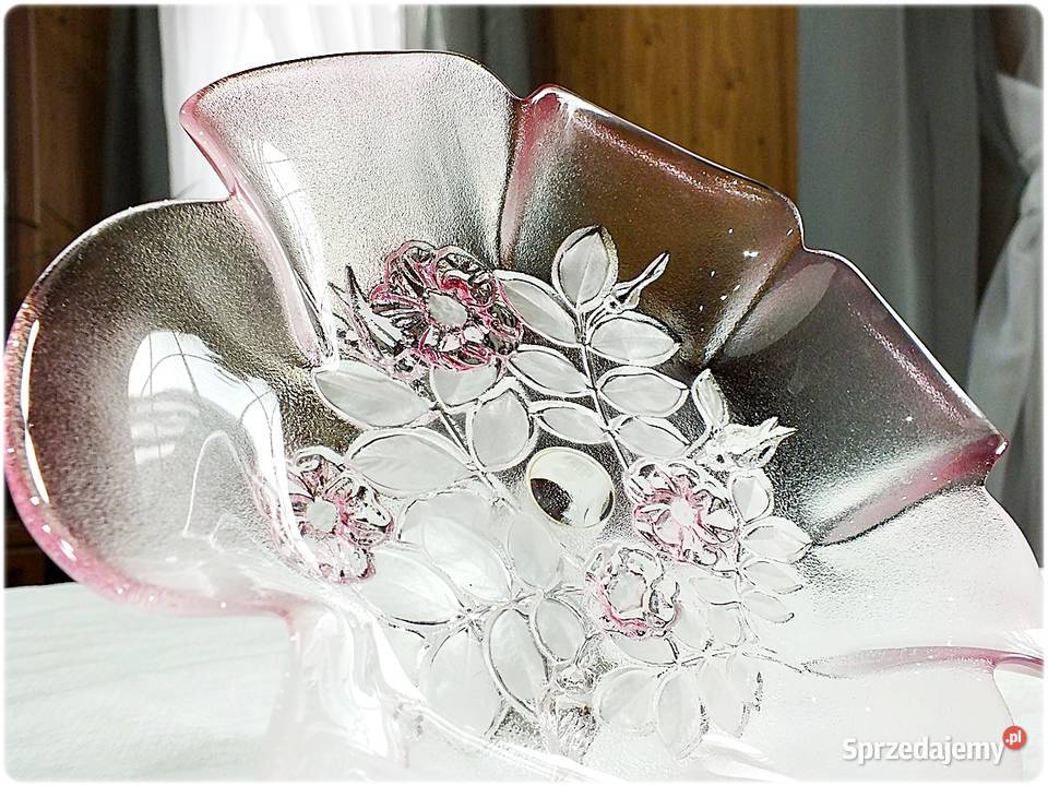 Stara Patera szklana Różowe Szkło z tłoczonymi Żary
