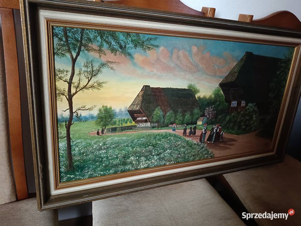 Stary obraz olejny na płótnie w ramie Lipno