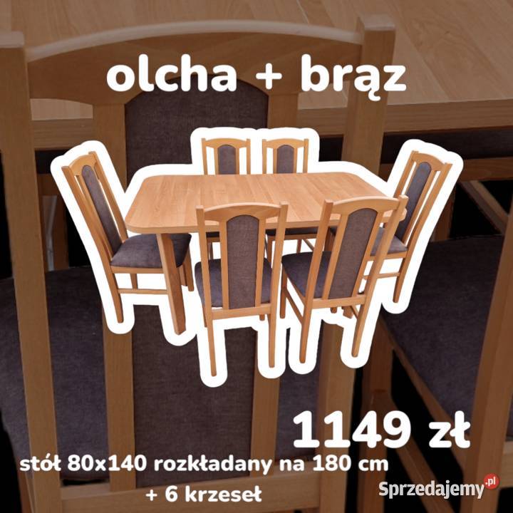Nowe: Stół 80x140/180 + 6 krzeseł, OLCHA + BRĄŻ, transPL