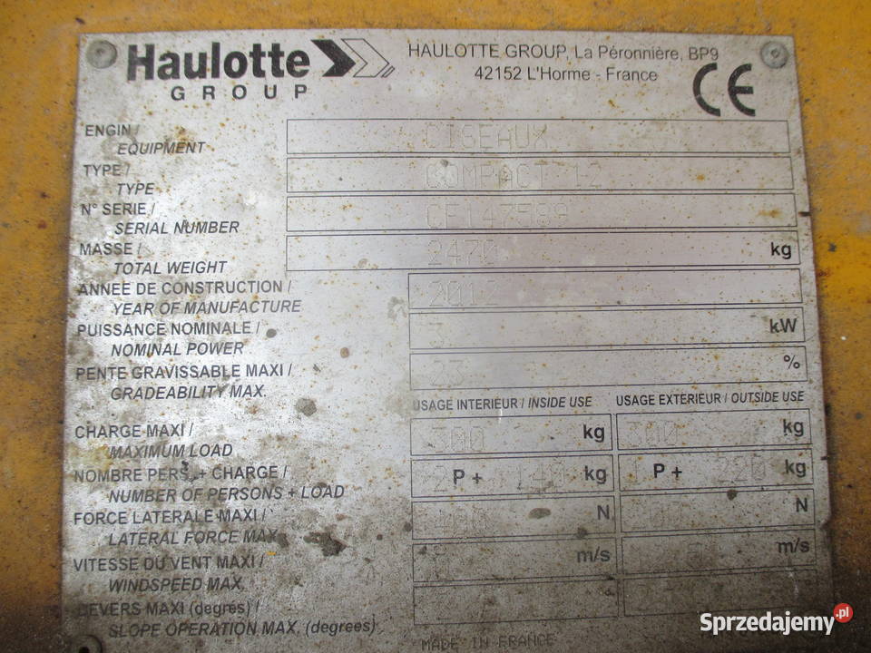 Podnośnik nożycowy zwyżka 12 m Haulotte Compact Rok produkcji 2012 Pleszew