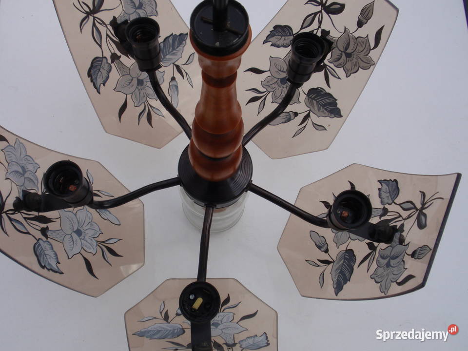 Lampa żyrandol pięcioramienny szkło motyw łódzkie