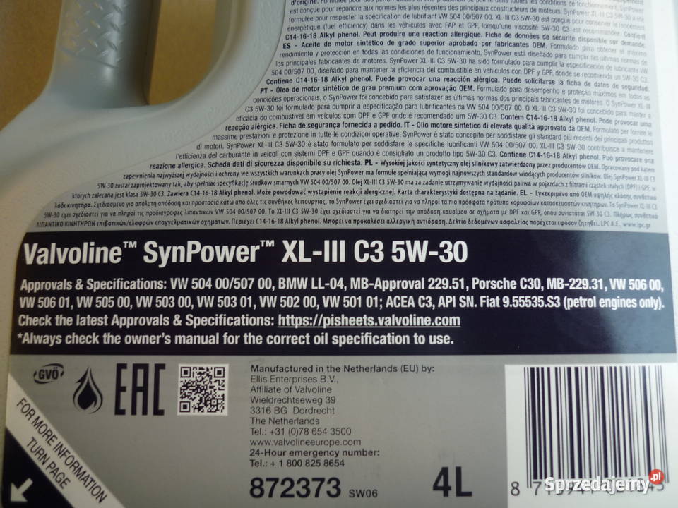 Olej VALVOLINE SYNPOWER XLIII C3 5W30 4L VW 504 Poznań