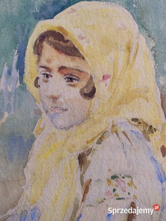 Portret wiejskiej dziewczyny stara akwarela Malarstwo Kartuzy