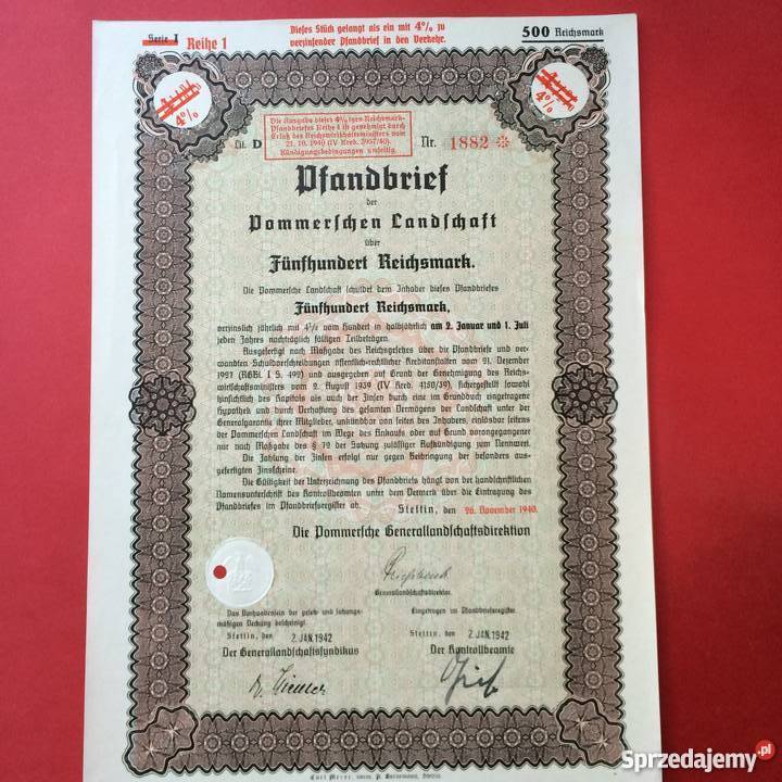 25 Papiery wartościowe 500 reichsmark Antykwariat Antyki, Sztuka, Kolekcje zachodniopomorskie Szczecin