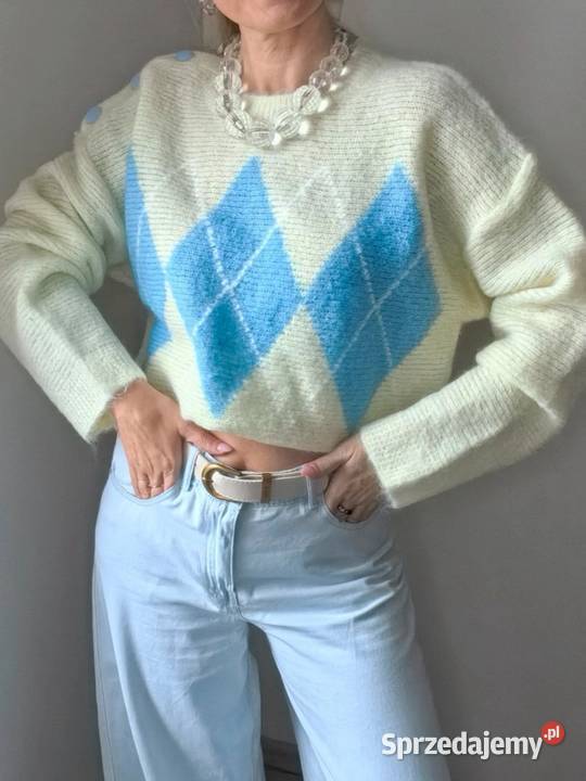 Pastelowy sweter damski w romby oversize guziki Odzież damska