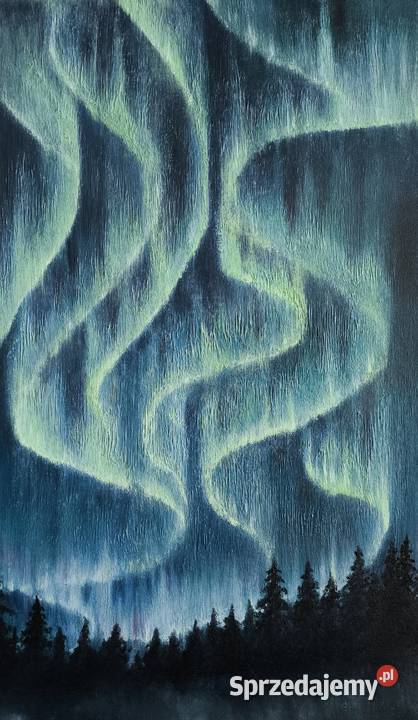 Obraz olejny Zorza polarna lasem 30x50 dolnośląskie sprzedam