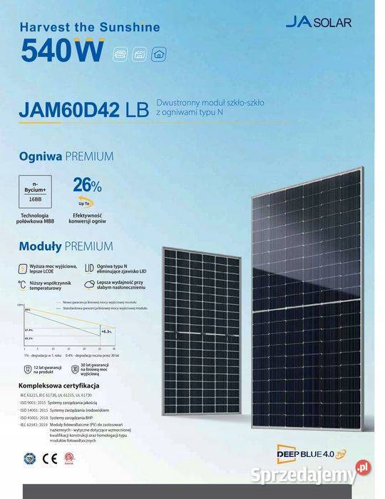 Paleta 36x Ja Solar JAM60D42 LB BF 530W Instalacje