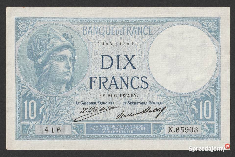 Francja 10 franków 1932 stan bankowy z minusem