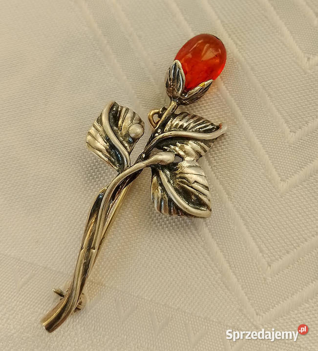 broszka srebro 925 z bursztynem Suwałki