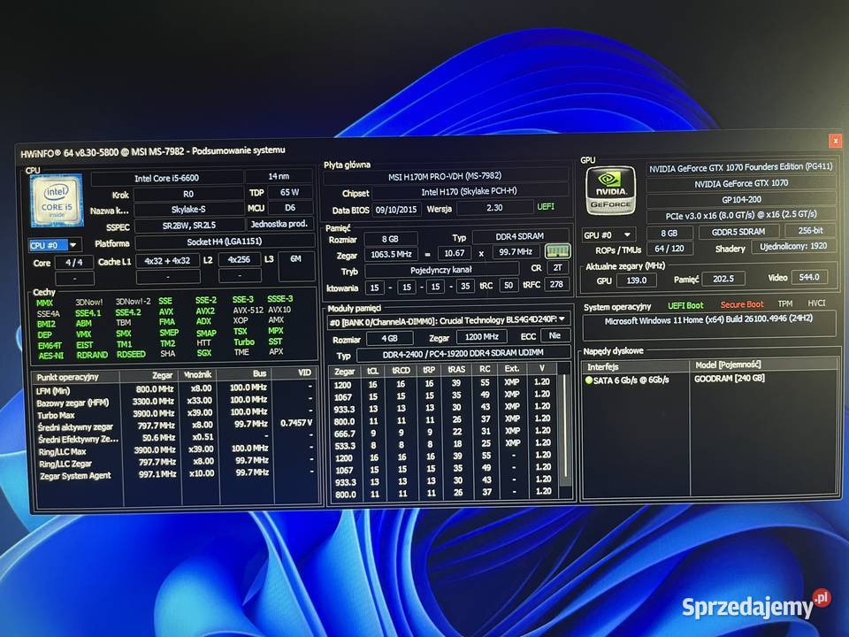 Komputer PC gamingowy i5 GTX 1070 8GB SSD 240GB sprzedam