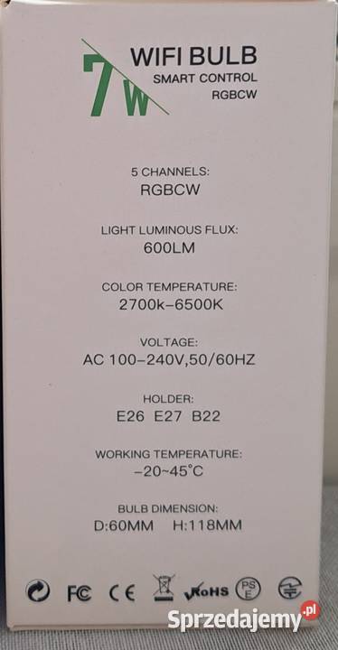 Inteligentna Żarówka Led Smart RGBCW 7W WIFI E27 Oświetlenie Limanowa