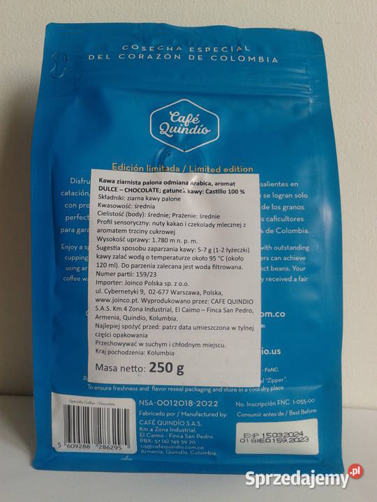 CAFE QUINDIO Kawa ziarnista z Kolumbii 250g Wołczyn sprzedam