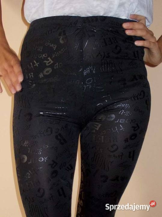 Czarne legginsy z napisami XS 34 getry napisy kujawsko-pomorskie