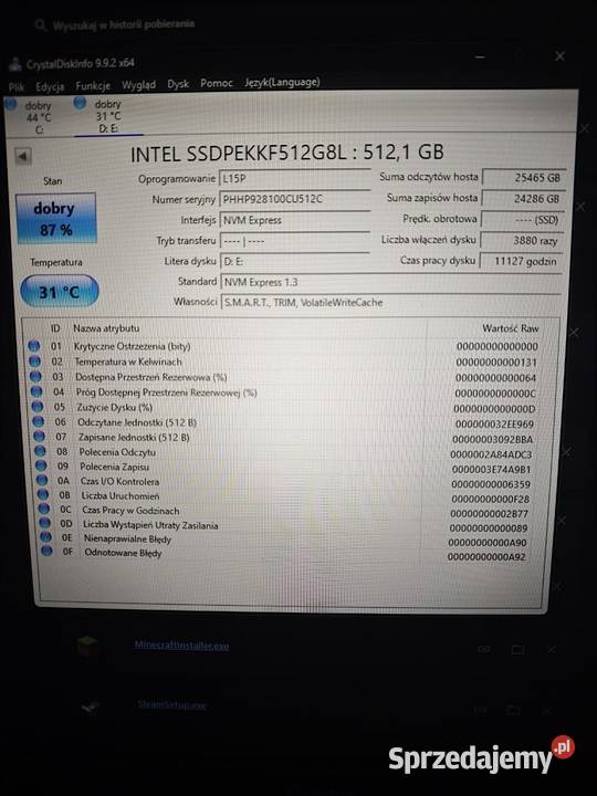 Dysk twardy Intel SSD M2 512GB sprawny Pojemność 500