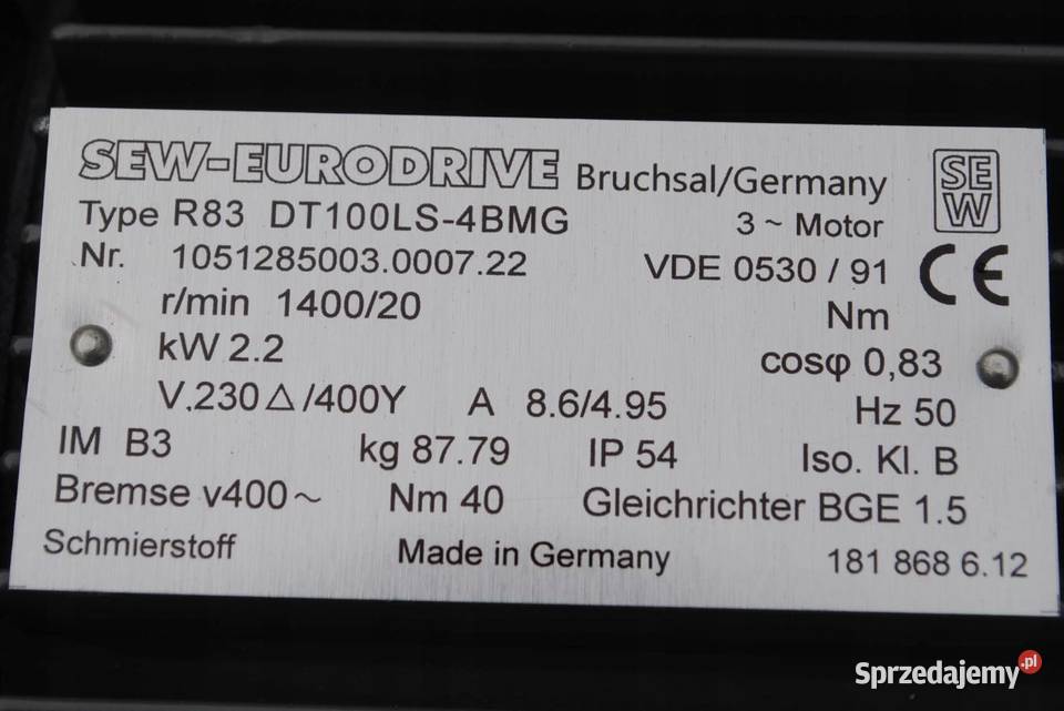 Motoreduktor 22kw 20obr z hamulcem firmy SEW Pozostałe Kargowa