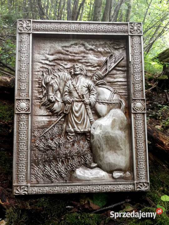 Wojownik z koniem Płaskorzeźba słowiańska Wersja podkarpackie