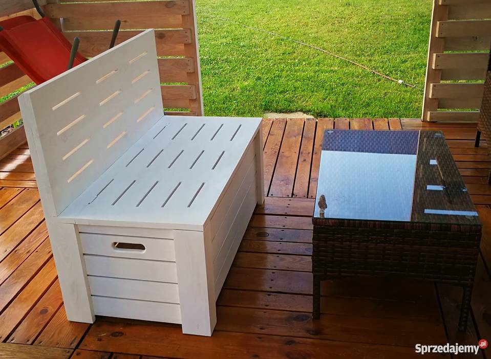 Drewniana skrzynia z oparciem ławka siedzisko z Pozostałe Meble