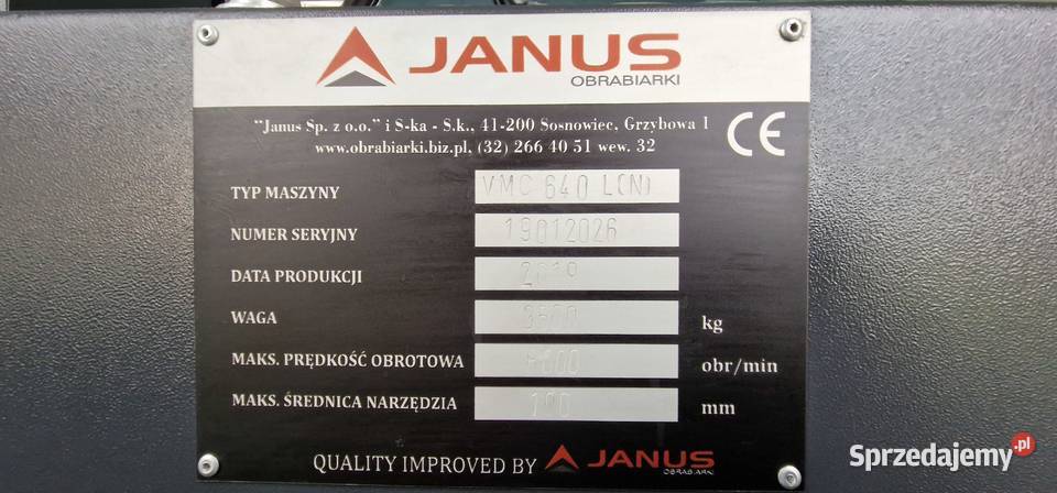 Pionowe Centrum Obróbcze VMC640LN Janus Gorzyce sprzedam