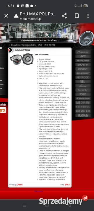 głośniki samochodowe Infiniti REF 5032 osobowe Szczecin