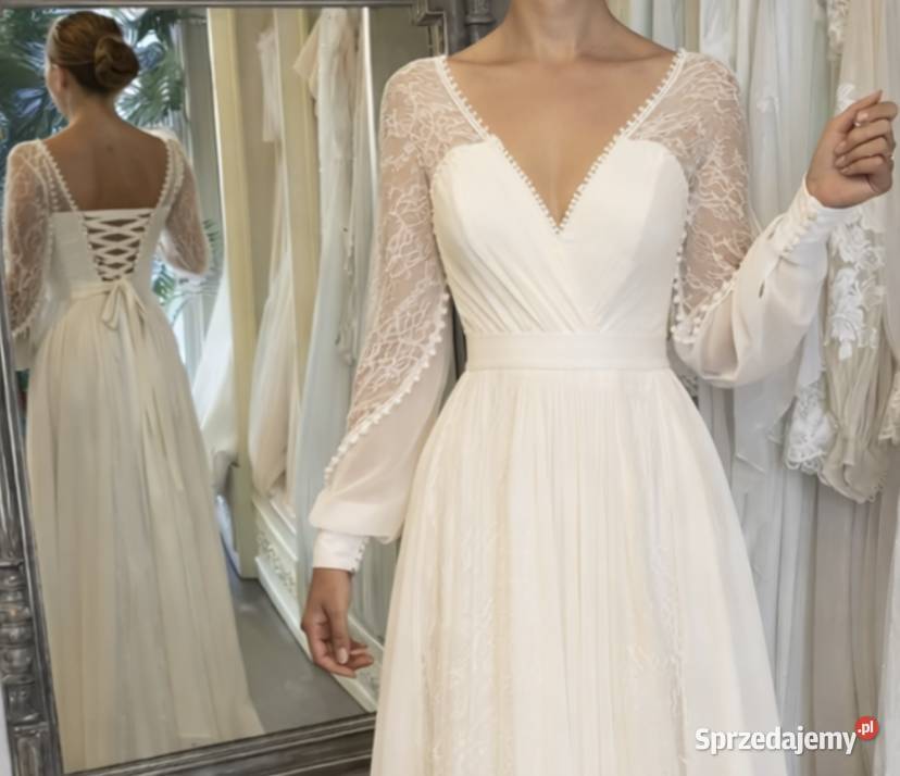 Suknia ślubna wiązana boho ivory rękawy Jelenia Góra sprzedam