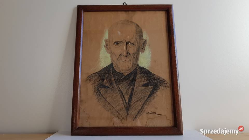 Stary obraz portret pastelkredka sygnowany Józef Dąbrowa Górnicza
