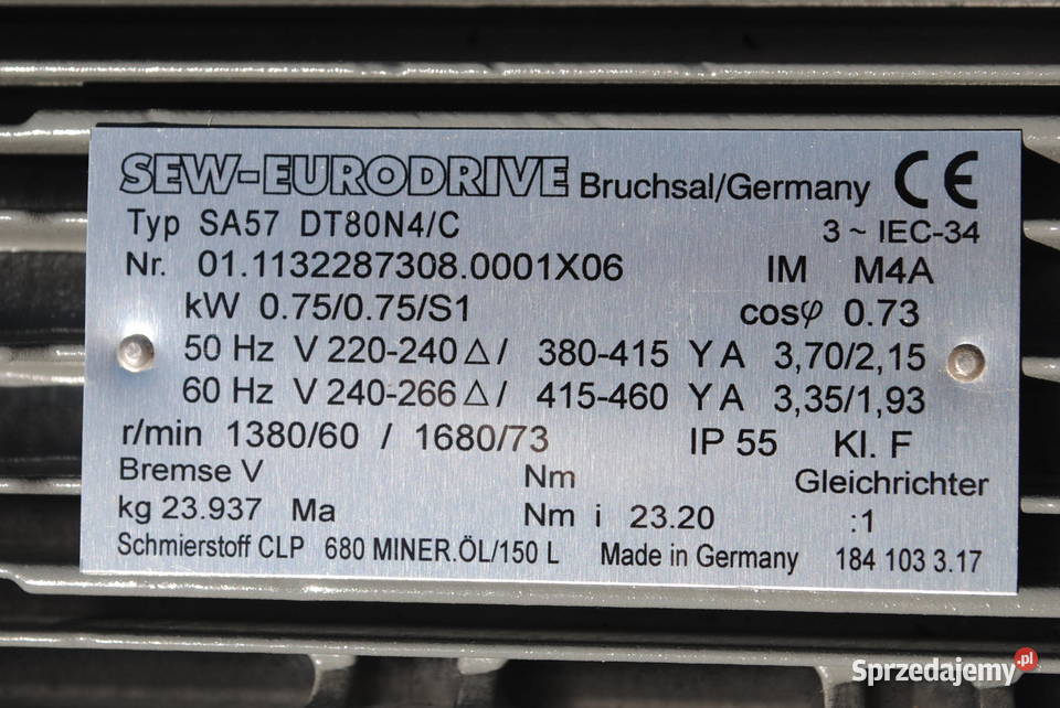 Motoreduktor kątowy 075kw 60obrmin Firmy SEW Pozostałe lubuskie sprzedam