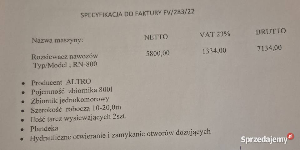 Rozsiewacz do nawozów Altro RN 800 Krzczonów-Sołtysy