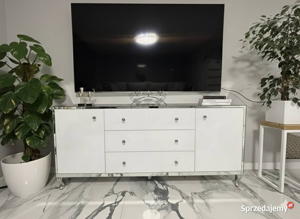 Ekskluzywna Komoda Lustrzana Glamour Białe Szkło Kępno