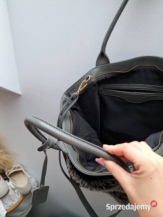 Torebka shopper z futerkiem szaroczarna pojemna Trąbki Wielkie