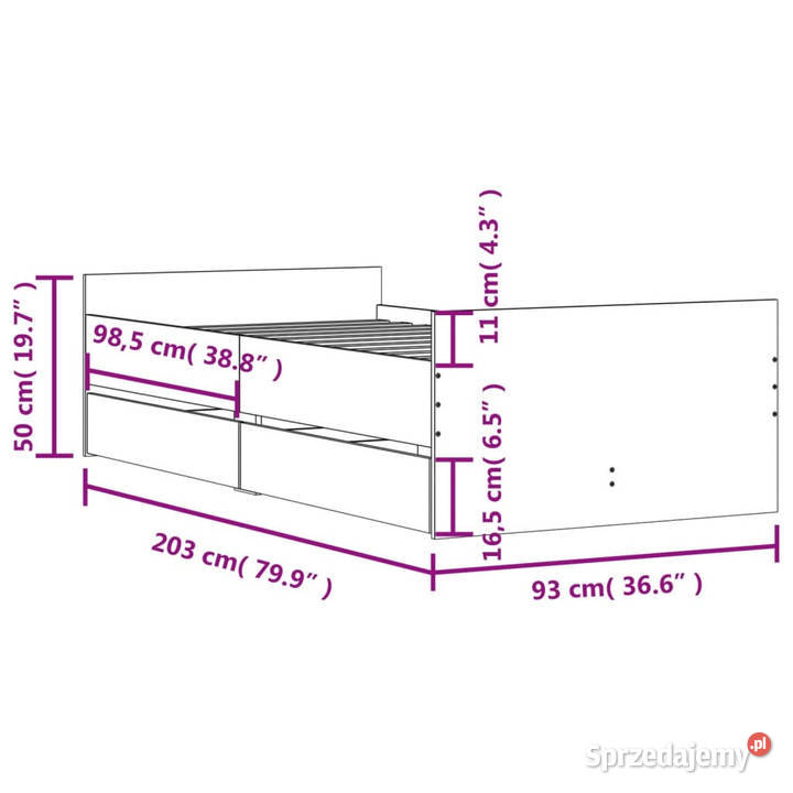 Rama łóżka z szufladami czarna 90x200 WM3207372 50cm mazowieckie Warszawa
