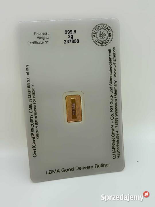 Złota Sztabka pr 999 2g CHAFNER Pudełeczko warmińsko-mazurskie Elbląg