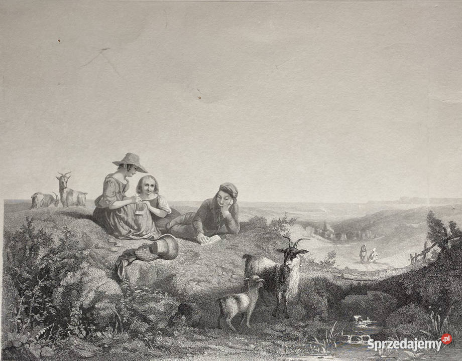 Scena pasterska Duża litografia XIXwieczna mazowieckie Warszawa