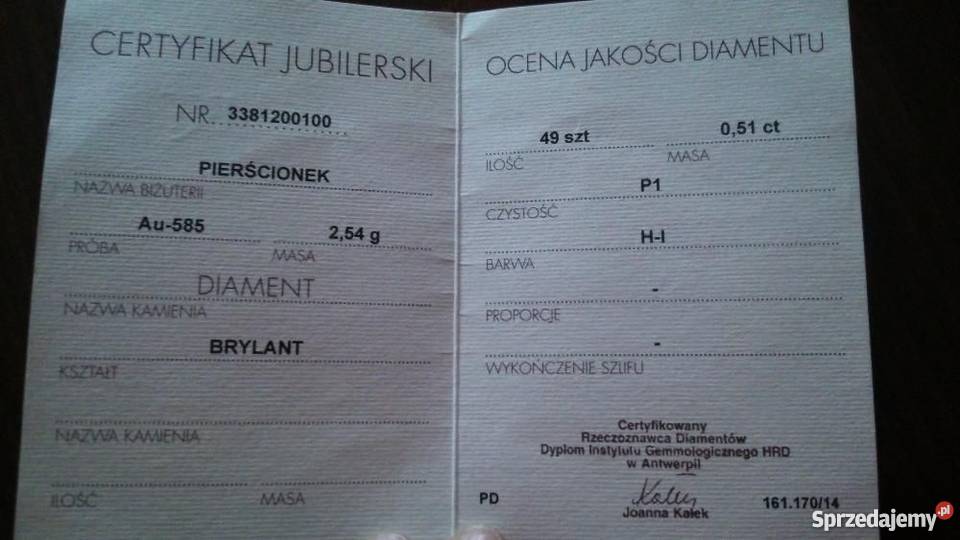 Złoty pierścionek z diamentami certyfikat Lublin sprzedam